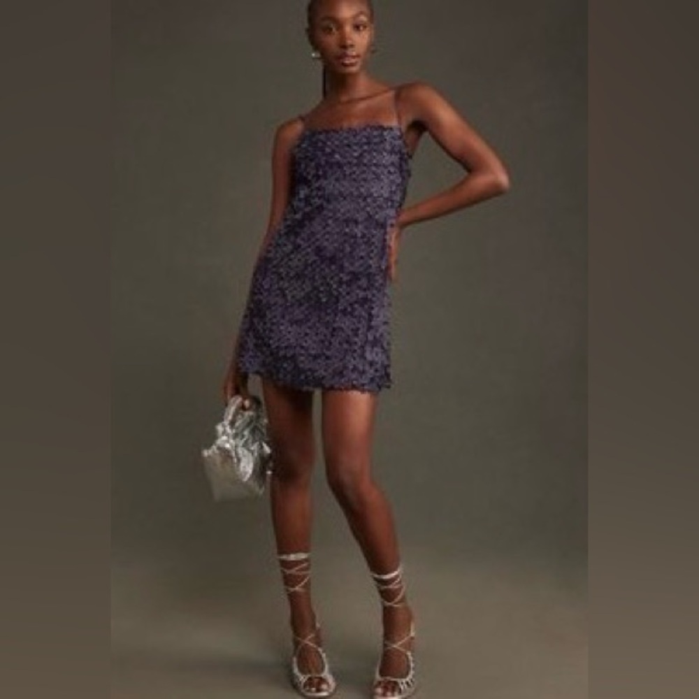 NWT By Anthropologie 3D Floral Embellished Navy Mini Dress, XL